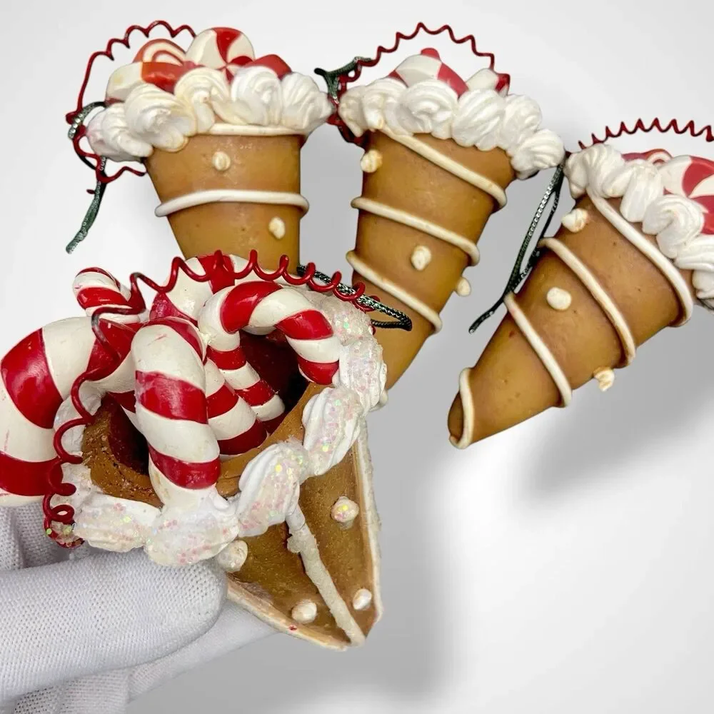 4 Vintage Christmas Ornaments Lot Ice Cream Cone Candy Cane Peppermint Swirl